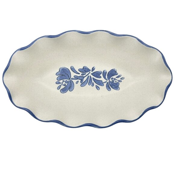 Pfaltzgraff Oval Scalloped Ceramic Bowls Set Of 4 Stone Blue Floral and Trim 9x5 - Picture 3 of 8